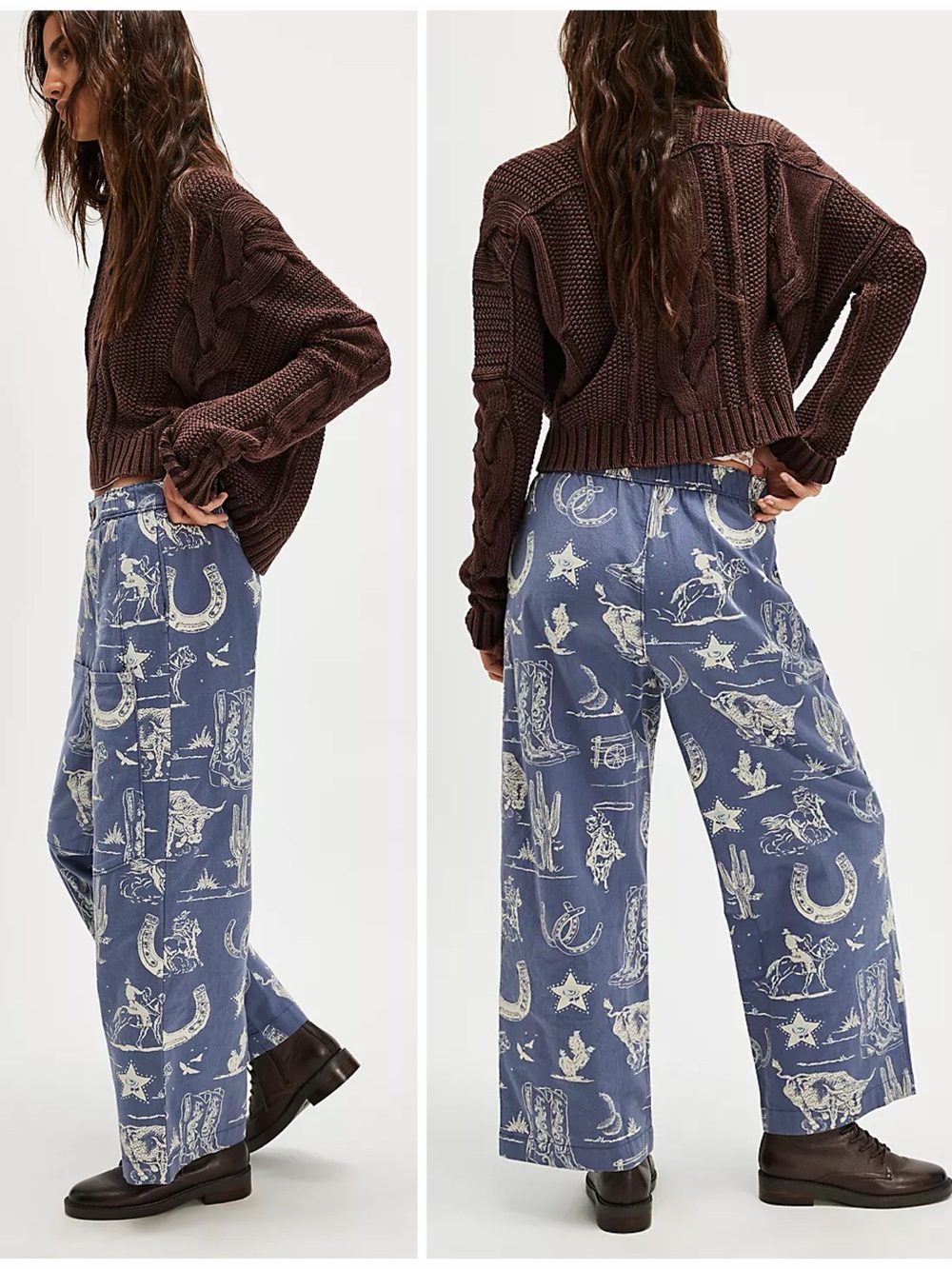 Free People Seaside Pull-On Pants Blue Western Print Cotton Size Medium - Picture 4 of 16